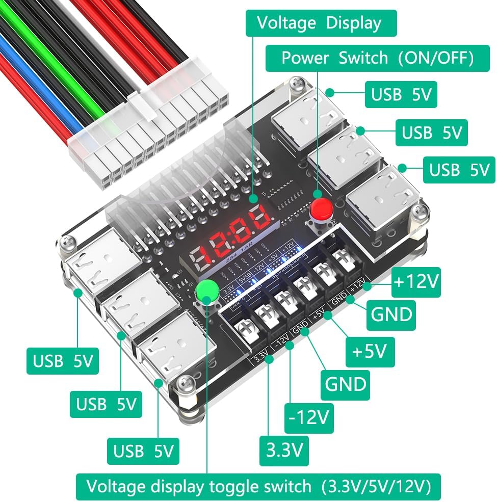 ATX Power Supply Breakout Board with Acrylic Case Kit, 12 USB Ports and 3A Maximum Output, Featuring 3.3V, 5V, 12V, and -12V Outputs