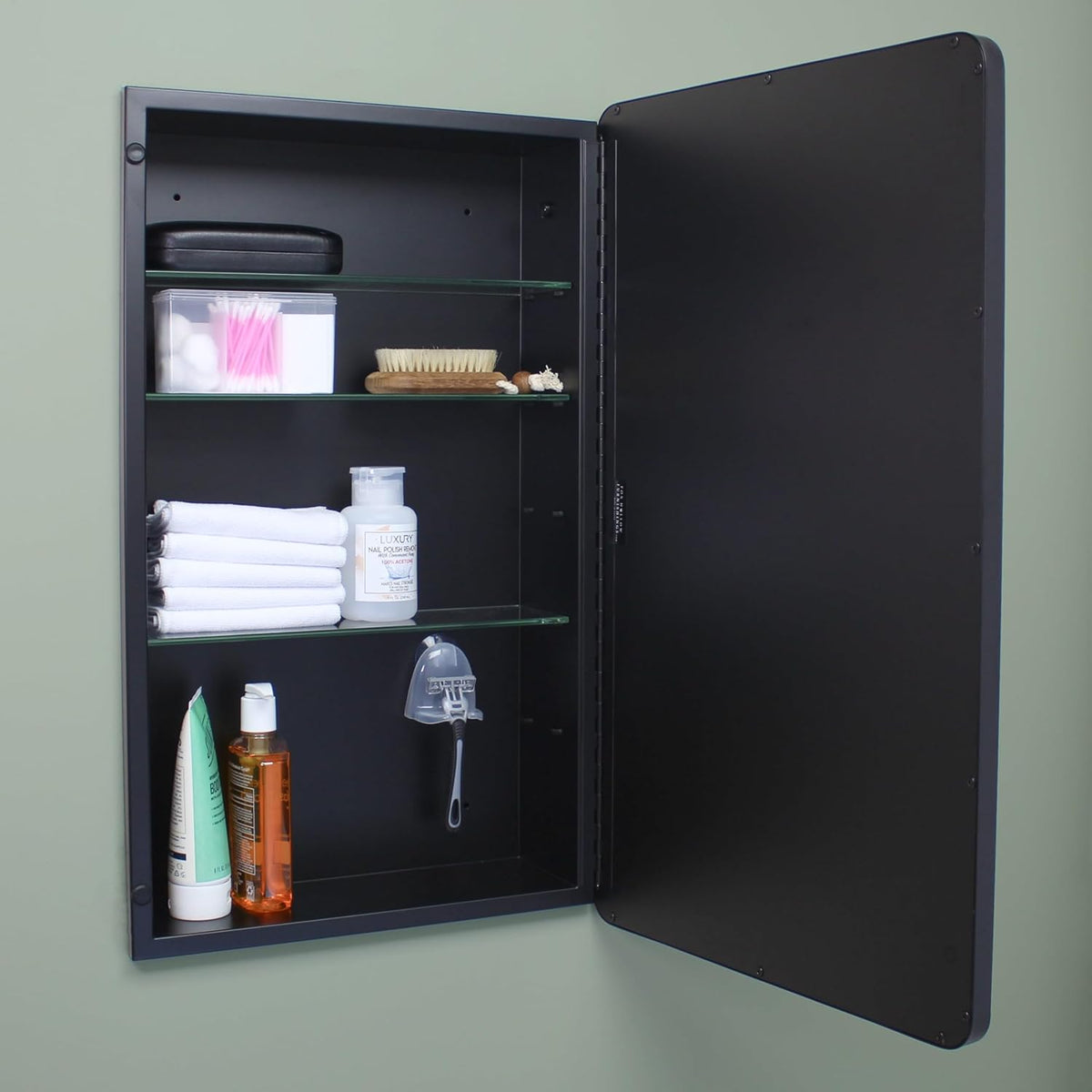 16×20 Austin Farmhouse Recessed Medicine Cabinet with Rounded Rectangle Metal Frame, Beveled Mirror & Glass Shelves, 14×18 in-Wall Opening, Powder-Coated Steel, Magnet Close, Brushed Nickel