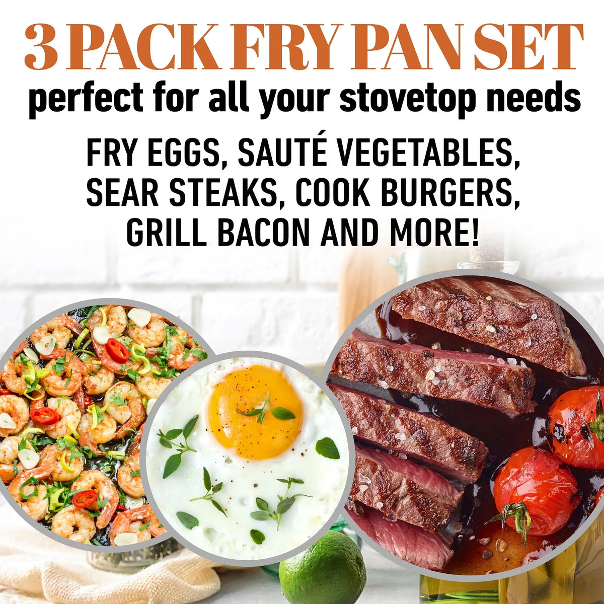 Gotham Steel Diamond 3-Piece Copper-Cast Frying Pan Collection with Nonstick Cookware Surfaces