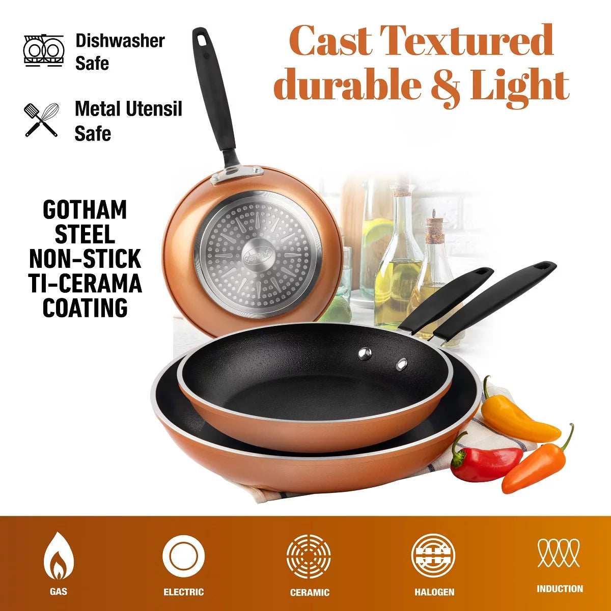 Gotham Steel Diamond 3-Piece Copper-Cast Frying Pan Collection with Nonstick Cookware Surfaces