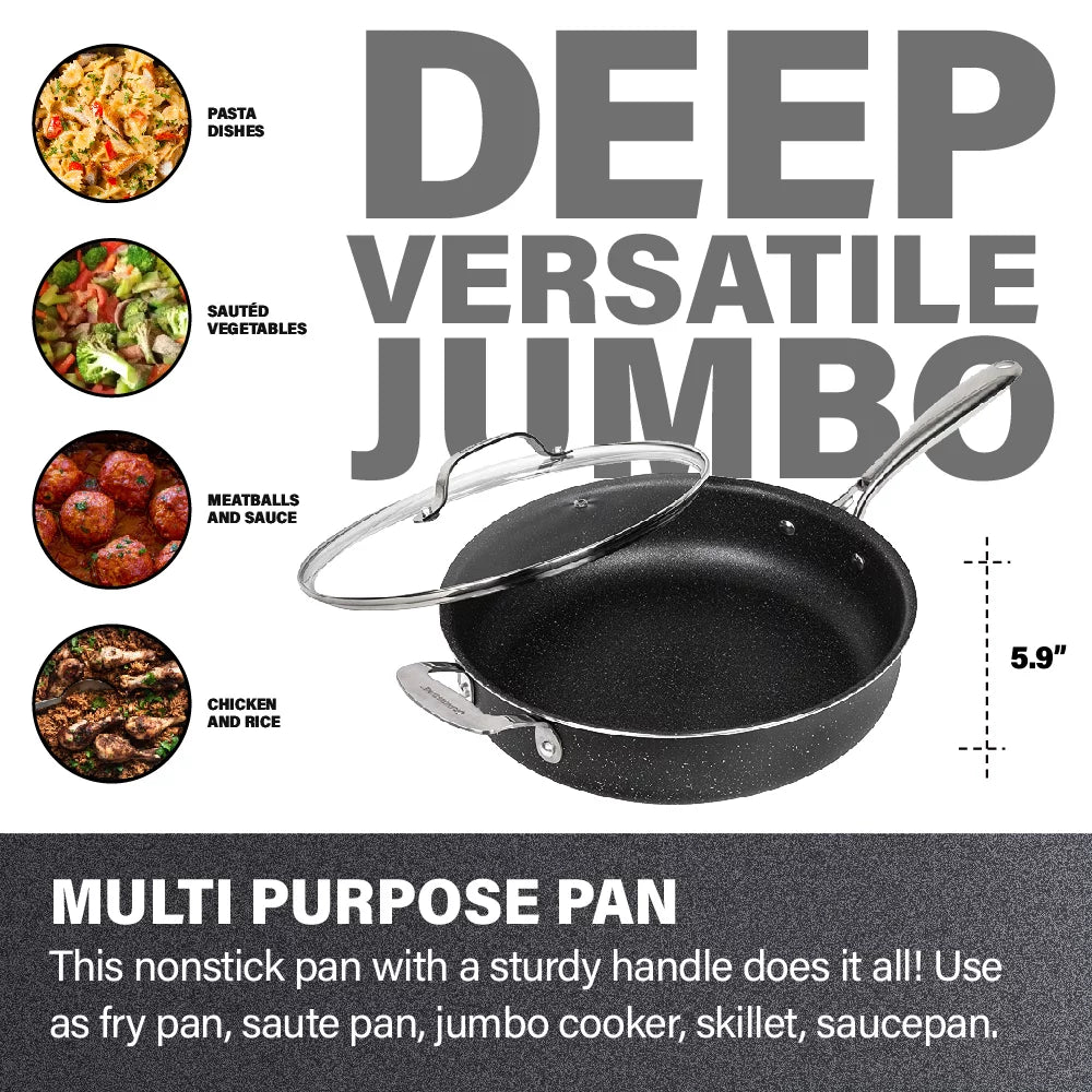Granitestone Jumbo Nonstick Cooker with Lid, Family-Sized Triple-Coated Open Skillet with Stainless Steel Stay-Cool Helper Handle, Oven and Dishwasher Safe