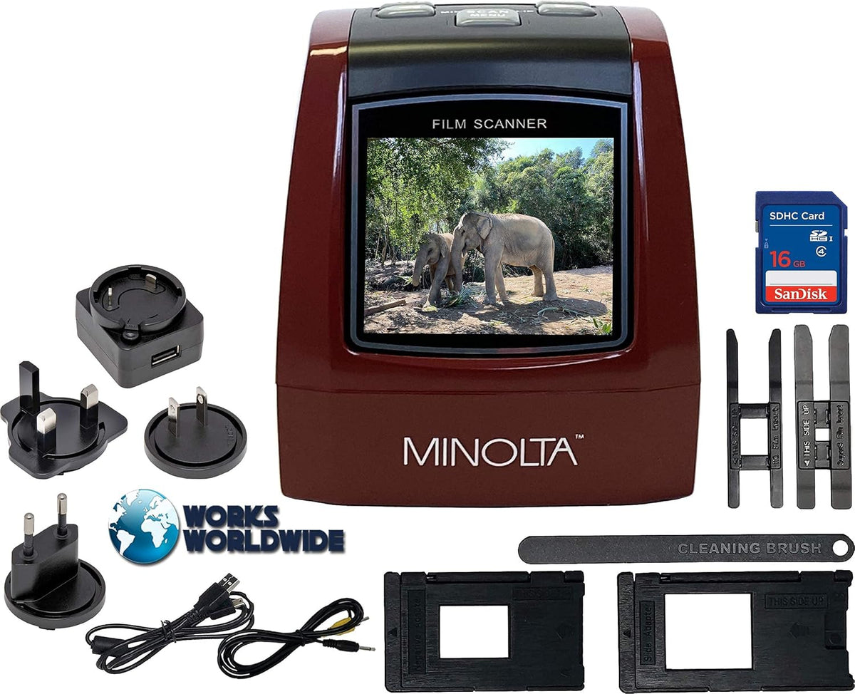 MINOLTA Film & Slide Scanner for Converting 35mm, 126 & 110 Negatives, Slides and Super 8 Films into 22MP JPEG Photos, Includes 16GB SD Card, Red