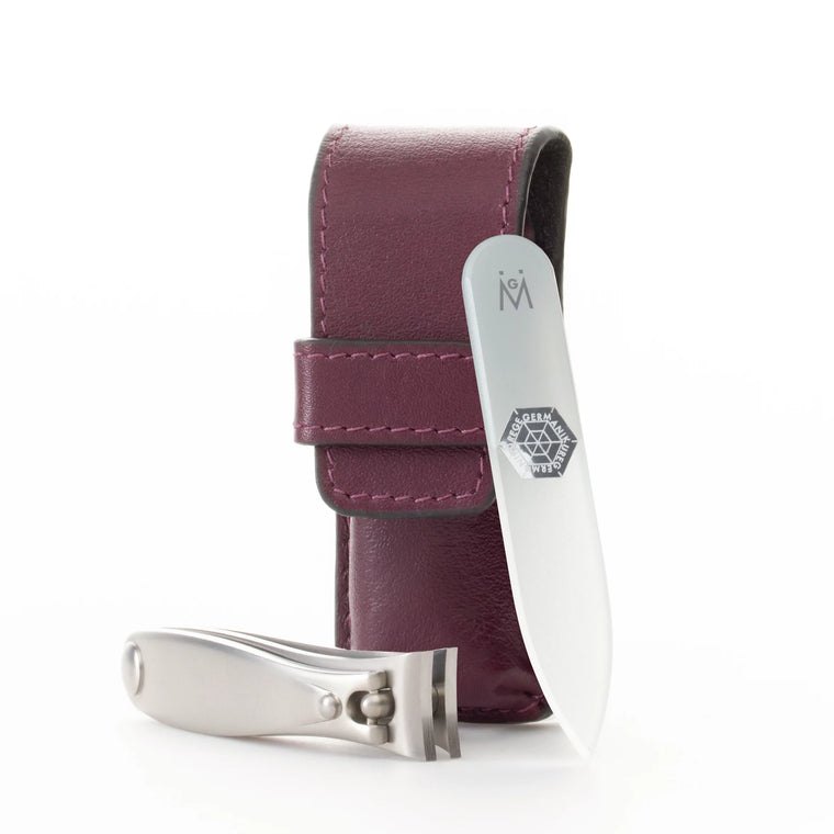 GERMANIKURE Nail Care Set with FINOX Stainless Steel Nail Clipper and Czech-Made Glass Nail File, Presented in a Purple Leather Case, Made in Solingen, Germany