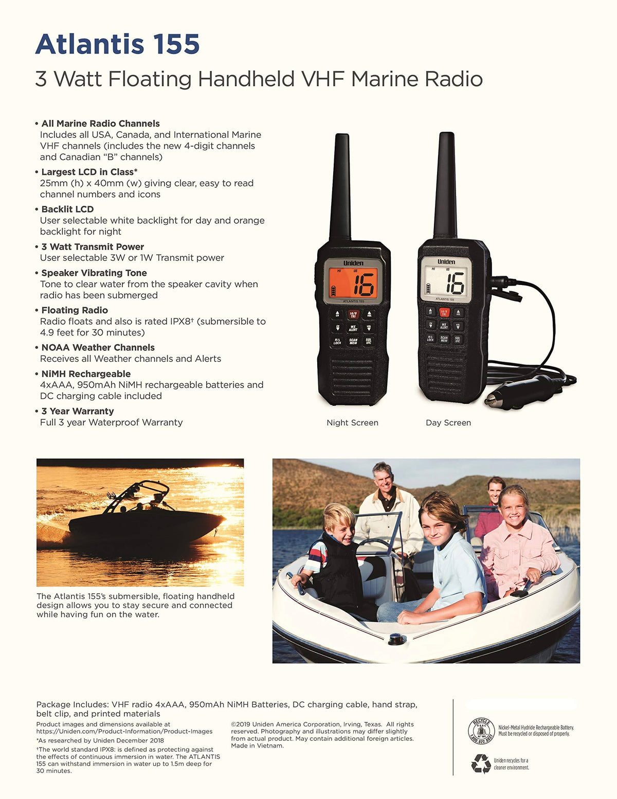 Uniden Atlantis 155 Floating Handheld VHF Marine Radio