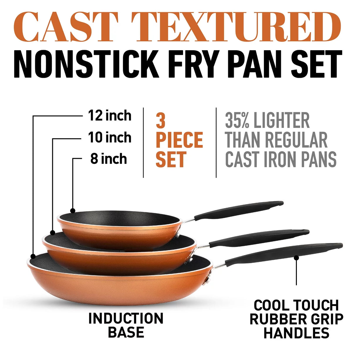 Gotham Steel Diamond 3-Piece Copper-Cast Frying Pan Collection with Nonstick Cookware Surfaces
