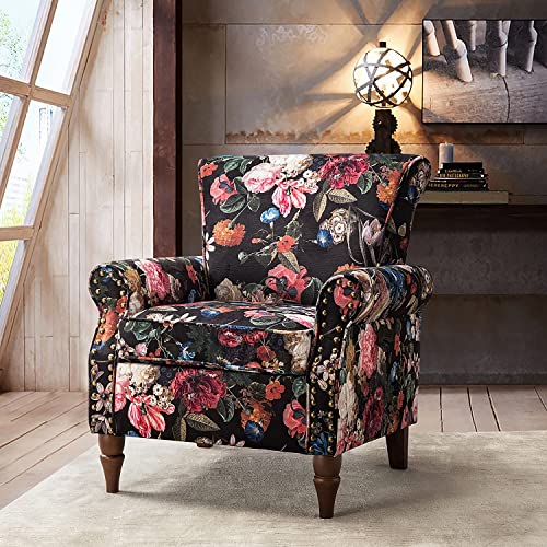 HULALA HOME Upholstered Wingback Accent Chair with Removable Cushion, Wood Legs and Nailhead Trim, Floral Living Room or Bedroom Armchair, Blue