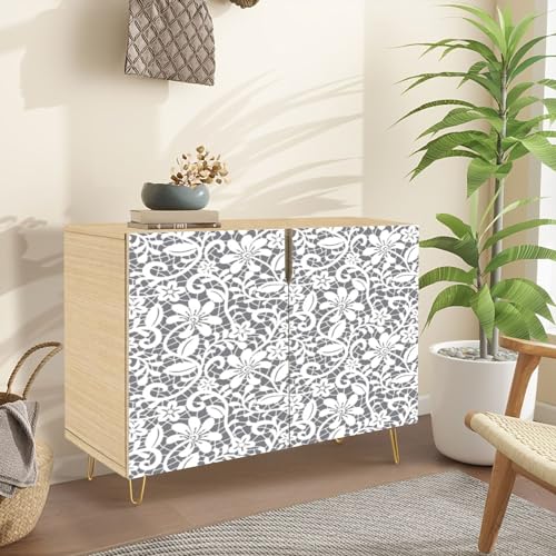Light Beige Mid-Century Sideboard with Ornate Seamless Border, 2-Door Storage Cabinet for Dining Room, Hallway, Kitchen or Bar