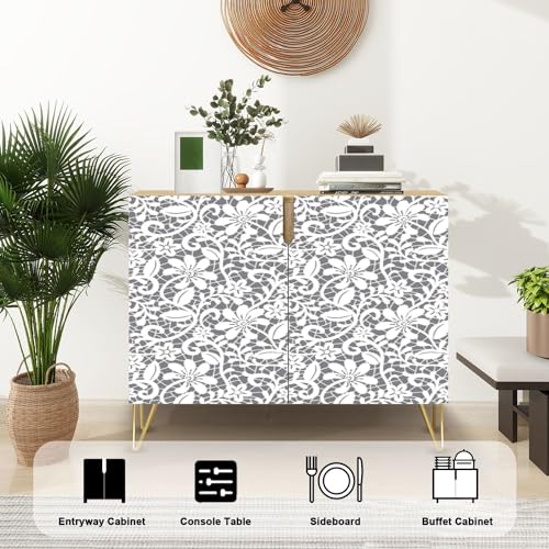 Light Beige Mid-Century Sideboard with Ornate Seamless Border, 2-Door Storage Cabinet for Dining Room, Hallway, Kitchen or Bar