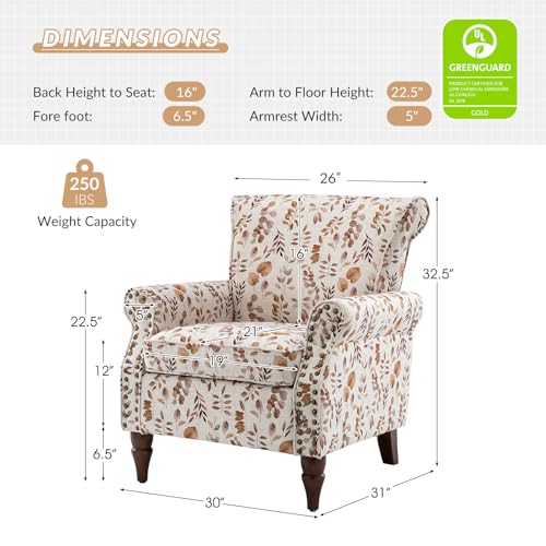 HULALA HOME Upholstered Wingback Accent Chair with Removable Cushion, Wood Legs and Nailhead Trim, Floral Living Room or Bedroom Armchair, Blue