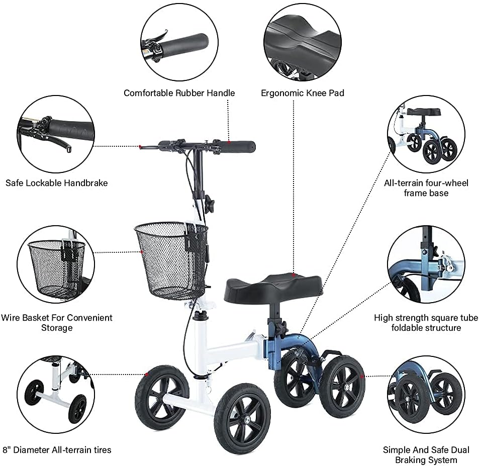 RINKMO Foldable All-Terrain Knee Scooter in White and Blue, Walker for Foot Injuries and Crutches Alternative