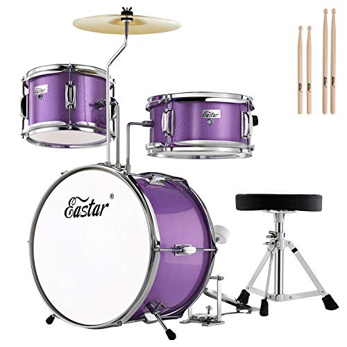 Eastar 3-Piece Kids Drum Set with 14-Inch Bass Drum, Adjustable Throne, Cymbal, Pedal, and 2 Pairs of Drumsticks, Metallic Sky Blue