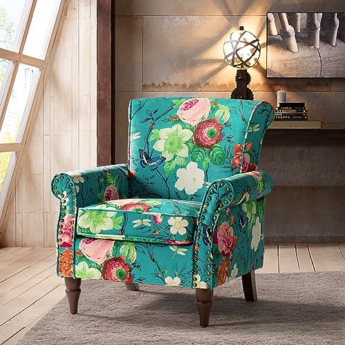 HULALA HOME Upholstered Wingback Accent Chair with Removable Cushion, Wood Legs and Nailhead Trim, Floral Living Room or Bedroom Armchair, Blue
